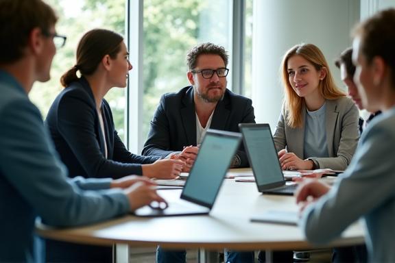Équipe développant des compétences transversales et soft skills en réunion.